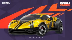Promotional image for today's Fortnite update featuring a sleek yellow and black sports car with bold graphics for the rocket racing event.